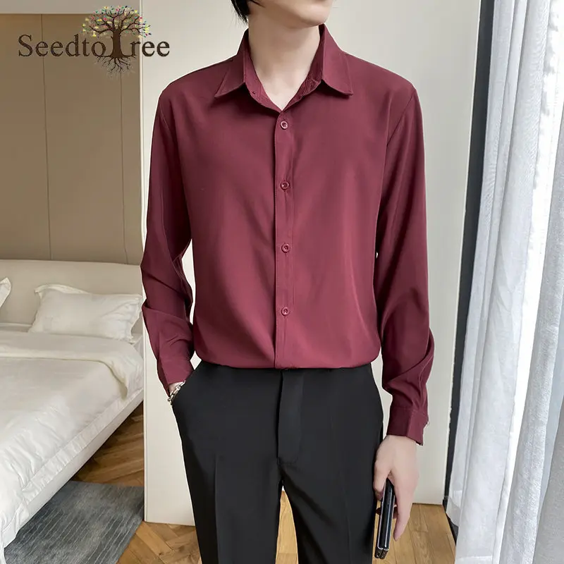 Spring and Autumn Men's Casual Shirts Solid Color Long Sleeve Lapel Single Breasted Shirts