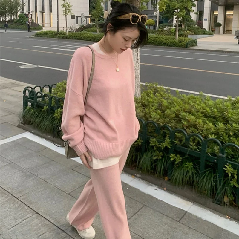 

Women's 2-piece knitted, long sleeved sweater, trousers, autumn and winter wide leg suit, novel