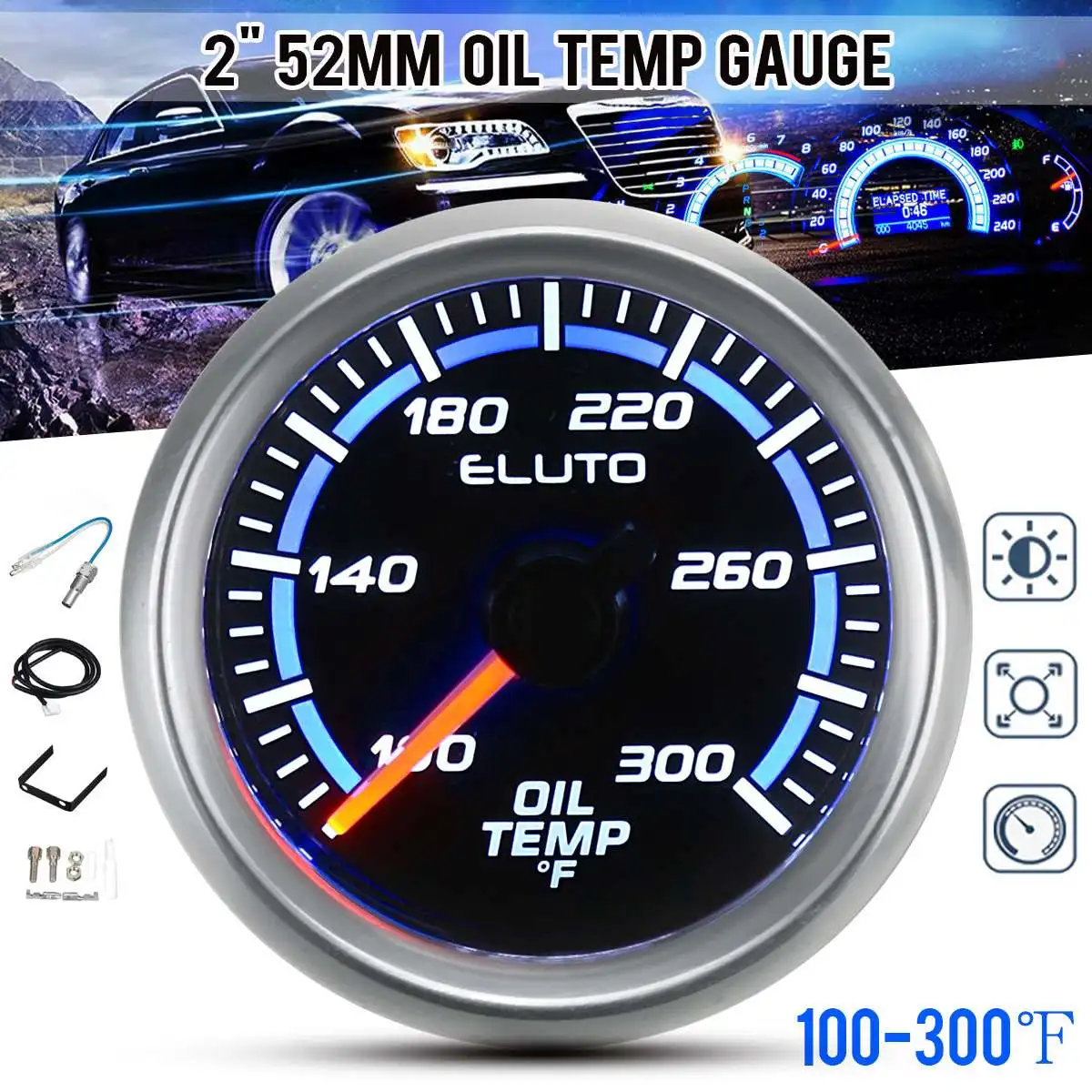 

Автомобильный индикатор температуры масла, 2 дюйма, 52 мм, 12 В, 50-150 °C / 100-300 °F, синий светодиодный дисплей, измеритель температуры масла, универсальный указатель