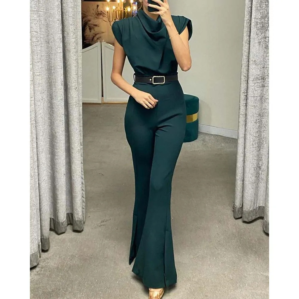 

Женский деловой комбинезон без рукавов, повседневный зеленый комбинезон с наплечниками и высокой талией, расклешенные брюки, новинка сезон...