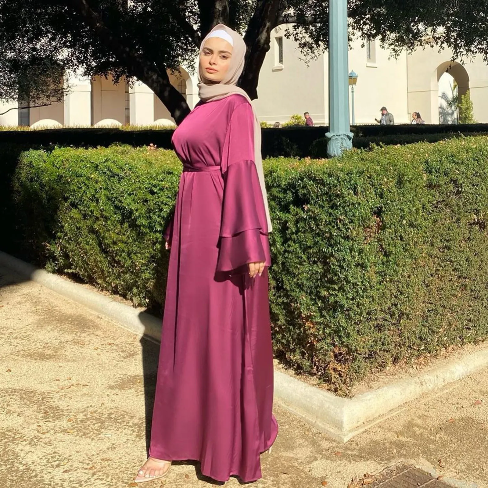 #k Diafraz Mujer Muslim Dress Middle East Ramadan Arab Islamic Clothing Solid Lantern Sleeve Women Abaya Dubai Kaftan with Belt