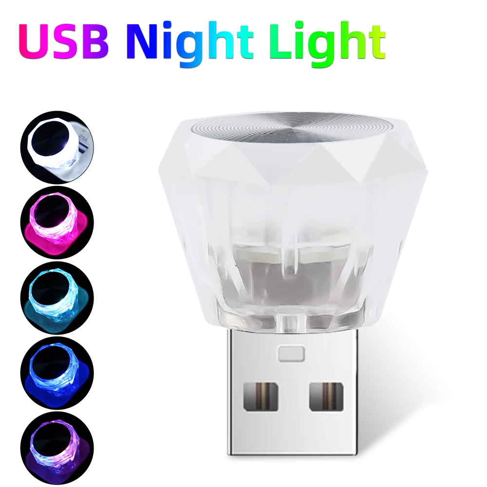 

Mini USB Night Light Car Atmosphere Lamp Diamond Type Bulbs Eye Protection Computer Mobile Power Charging Ambient Lighting 5V