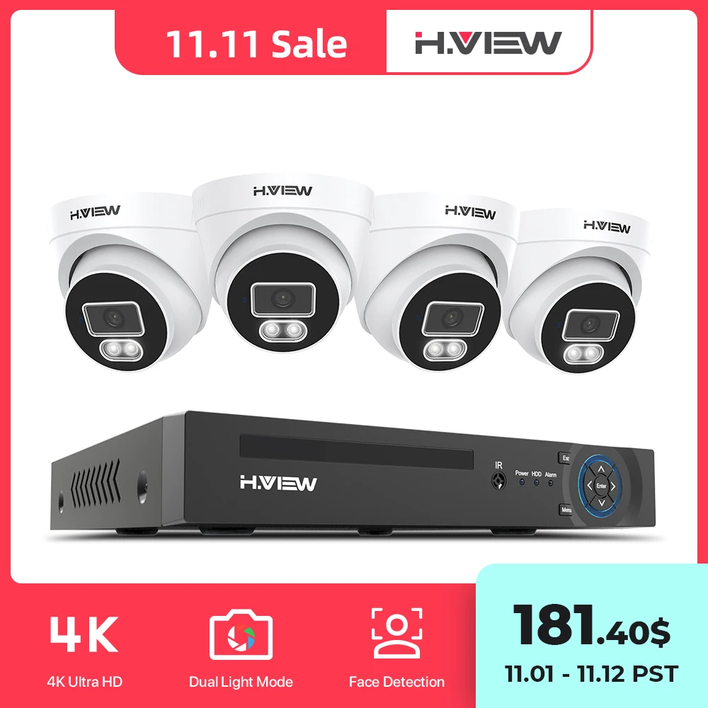 Купить H.View 8Ch 5Mp видео наблюдения комплект домашнего видеонаблюдения Камера S Системы Ai Распознавание лиц аудио купольная Ip камера Камера Poe Nvr набо...