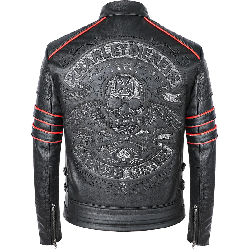 

Black Embroidery Skull Motorcycle Leather Jackets 100% Natural Cowhide Moto Jacket Biker Leather Coat Winter Warm Clothing M219