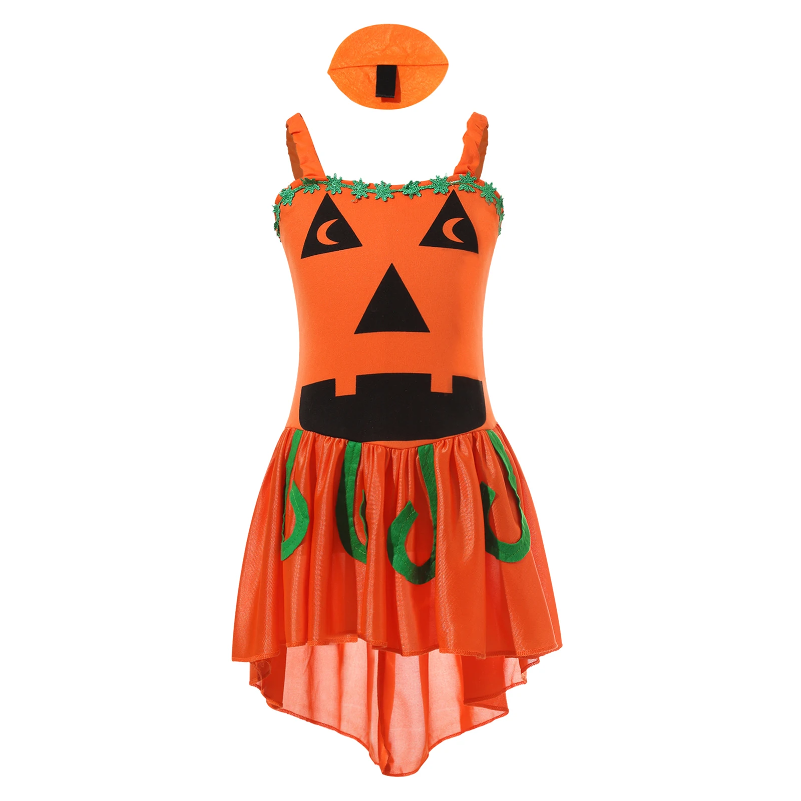 

Halloween 2Pcs Kids Girls Pumpkin Witch Cosplay Costume Sleeveless Sketch Specter Print Pumpkin Cami Dress with Hairpin Headwear