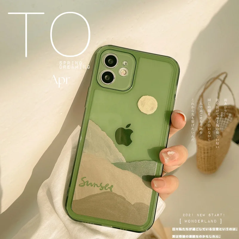 

Creative Vintage Phone Case 11 Suitable for 12pro max Transparent Green X Apple 14 All Inclusive iPhone13 Protective Case Simple