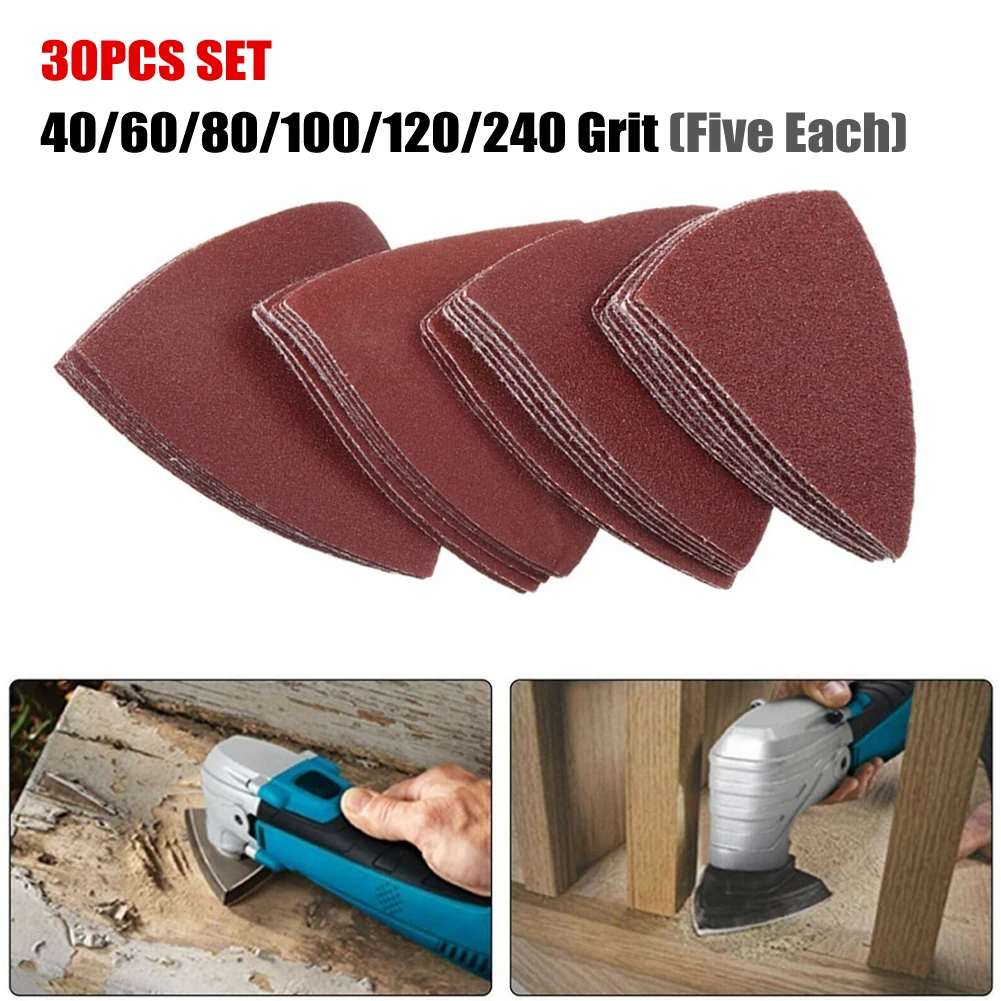 

30Pcs Sanding Discs Sandpaper 40/ 60/ 80/ 100/ 120/ 240 Grit Triangle Hook & Loop Sanding Oscillating Multi Tool Sanding Pad