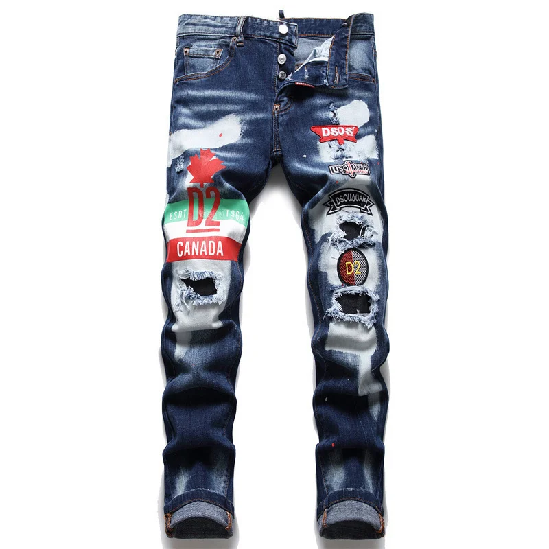 

New Dsquared2 International high-end ripped jeans men's tide brand light color casual hot diamond printing slim jeans vintage