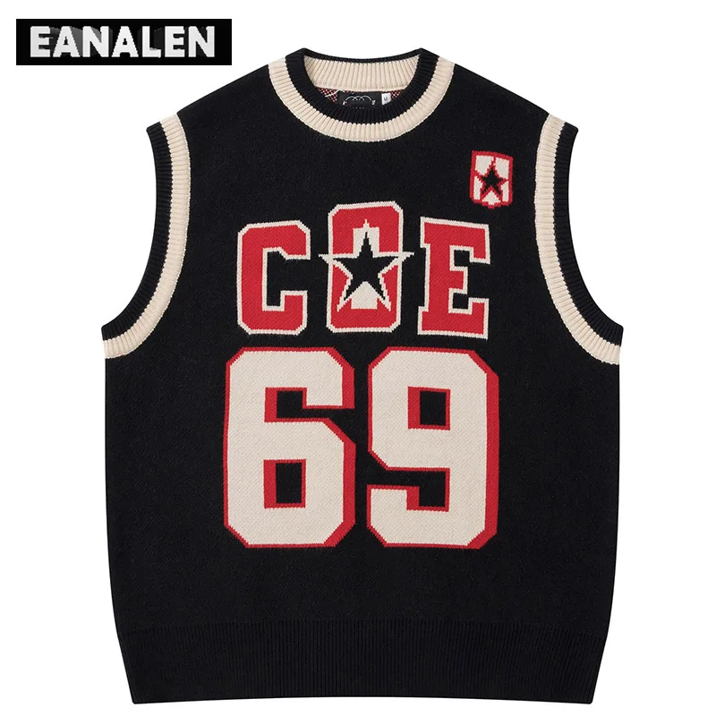 

Harajuku Vintage digital alphanumeric star graphic knitted sweater vest men's winter large profile pullover sleeveless sweater