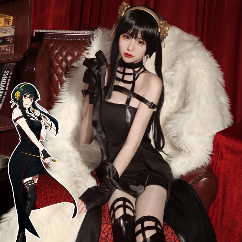 

Anime Spy Family Yor Forger Cosplay Costume Killer Assassin Gothic Halter Black Dress Wig Yor Briar Earring Women Clothes Party