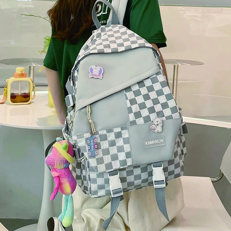 

Новинка 2023, Женский нейлоновый рюкзак для подростков, клетчатая школьная сумка в стиле преппи, повседневный женский вместительный рюкзак, женский рюкзак
