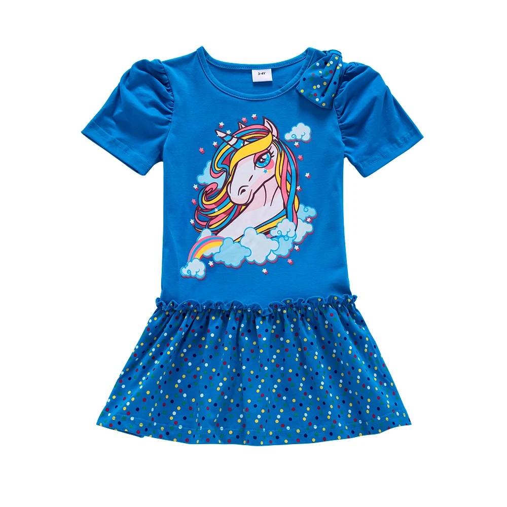 

Jxs Neat Girls Short Sleeve Cotton Dress Unicorn Cartoon Casual Wavelet Dress