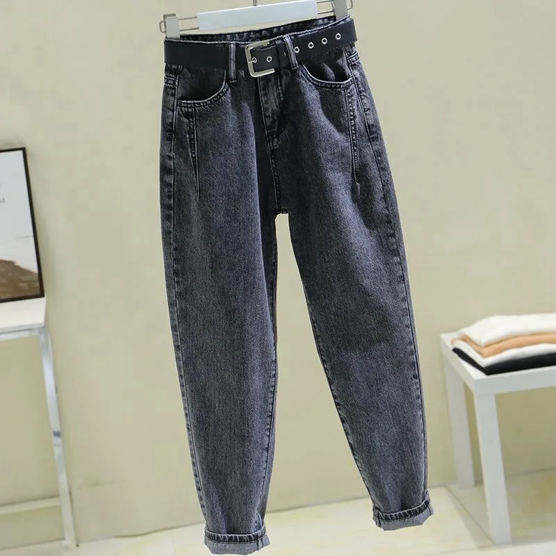 Smoke gray jeans women's autumn and winter new Korean version loose high waist thin all-match Harlan dad pants tide