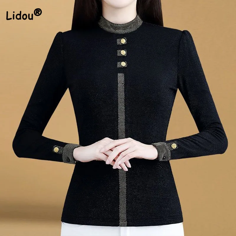 Fashion Elegant Solid Color Spliced Stand Collar Black Tops Autumn Winter Warm Women's All-match Button Slim Long Sleeve T-shirt