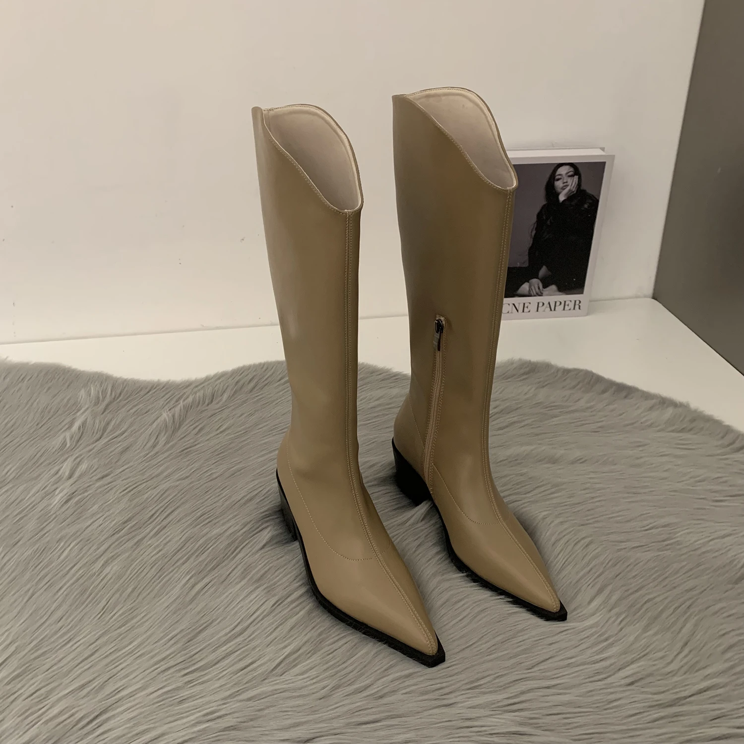 Long Boots New Solid Color Pointed Toe Chunky Heel Knee Boots Side Zipper Trendy Versatile Boots for Woman