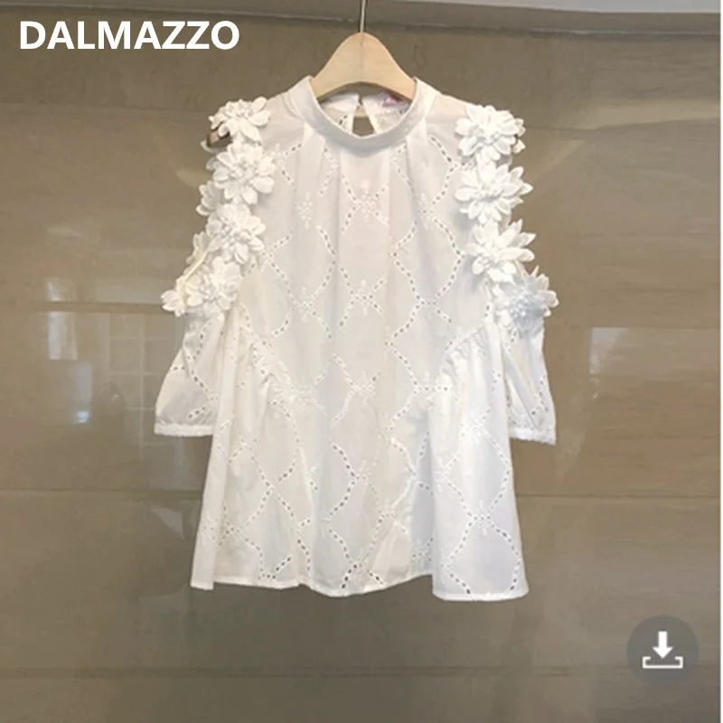 

DALAMZZO, новинка, летняя рубашка с кружевными рукавами, лоскутное шитье, женские модные пуловеры, белые блузки, корейский женский топ