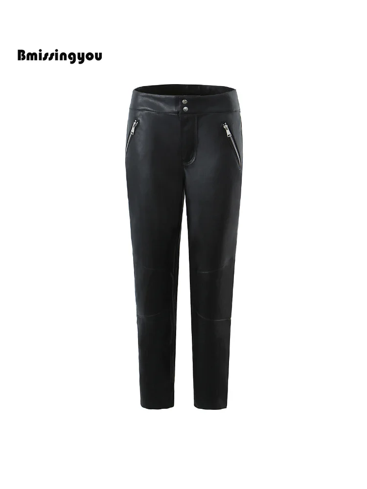 

Bmissingyou Black Fake Leather Slim Fits Women Trousers with Zipper Fashion Female Street Pants Mid Waist 2023 New