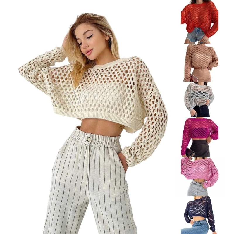 

50JB Womens Knit Crochet Hollow Out Knitted Top Long Sleeve See Through Shirt Sexy Club Streetwear Pullover