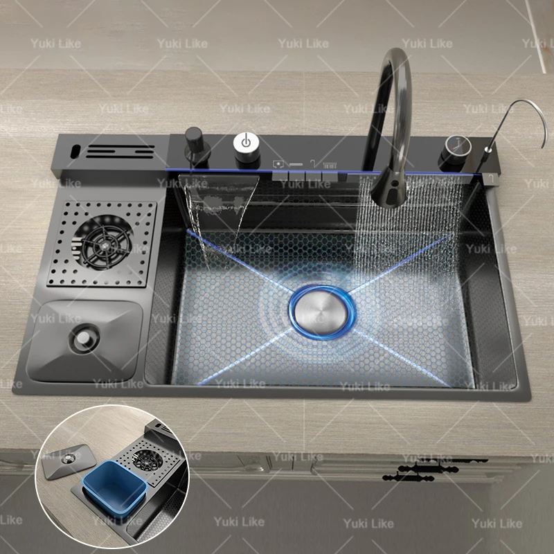 Кухонная раковина из нержавеющей стали с водопадом и мусорным баком мытье чашки
