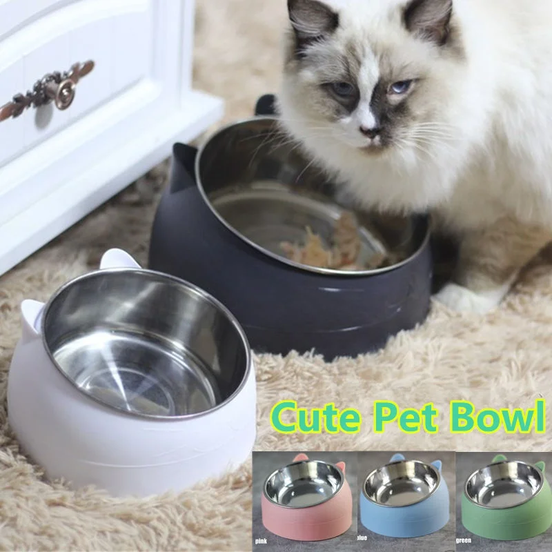 

Cute Dog Cat Feeding Bowl to Protect The Cervical Spine 15 Degree Oblique Mouth Pet Stainless Steel Food Bowl for Cat Supplies