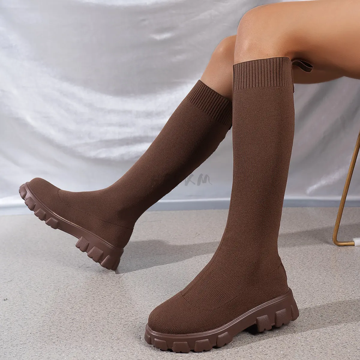 

2023 Flats Shoes Thick Sole Boots Autumn Winter Breathable Knitting Upper Women Thigh High Boots Stretch Round Toe Black Boots