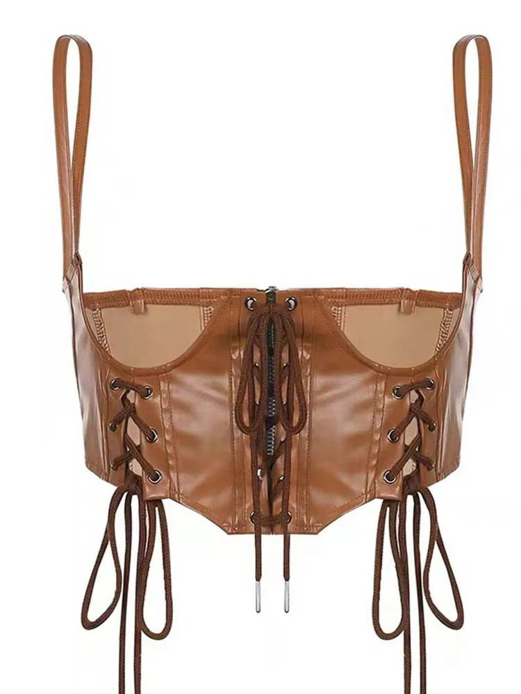Sexy PU Leather Crop Top Corset Belt Punk Tank Top Women Lace-Up Bandage Wide Waist Belt Gothic Bustier Shapewear Streetwear