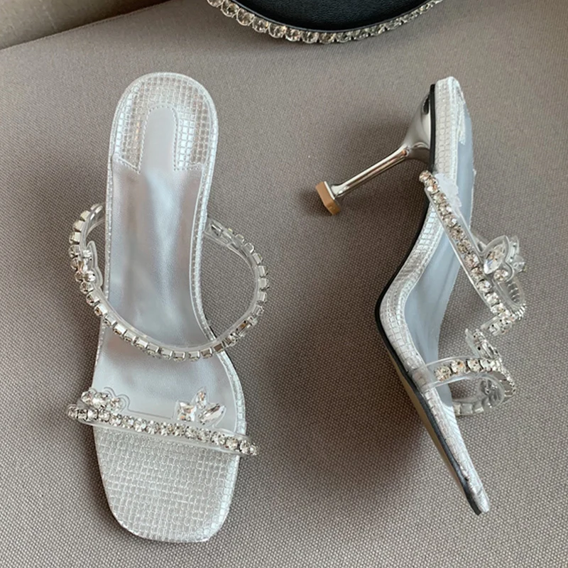 

Женские прозрачные шлепанцы с кристаллами Liyke, прозрачные сандалии из пвх на необычном высоком каблуке с квадратным носком, обувь для вечер...