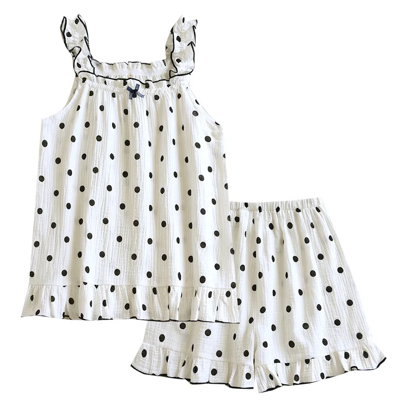 

2023 Summer Suspender Short Set Cotton Yarn Women's Pajamas Sleeveless Polka Dot Sleepwear Breathable Home Clothing 2 Pieces