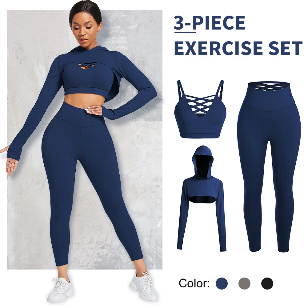 Yoga Suit Cross Back Underwear Hooded Top Three Piece Sports Suit Shapewear  Body Shapers Women