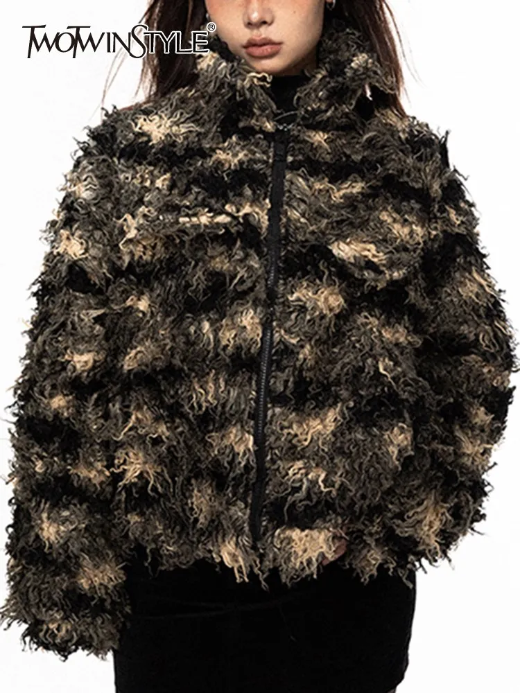 

TWOTWINSTYLE Hit Color Faux Fur Coats For Women Stand Collar Long Sleeve Patchwork Zipper Winter Coat Female Fashion Style 2023