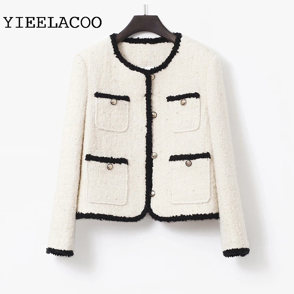 

Women's coat woolen round neck tweed slimming contrast coat new spring and autumn all-match small fragrance ladies top
