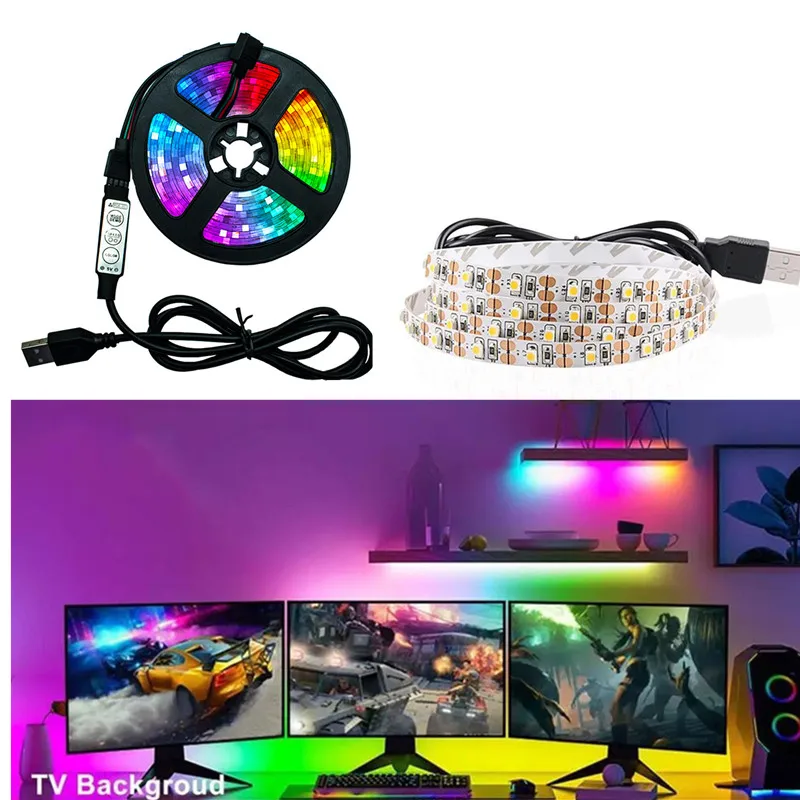 

LED Strip Light RGB 2835 Flexible Lamp Tape Diode USB Cable 3 Key Control DC5V 1M 2M 3M 4M 5M Desk Screen TV Background Lighting