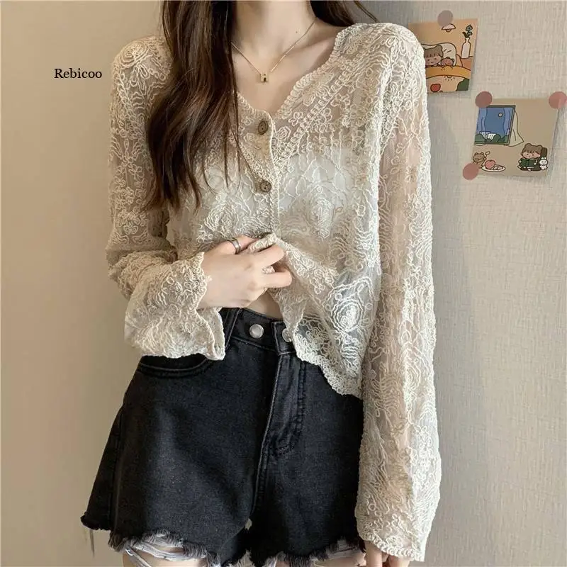 

Korean Summer Shirt Women Lace Sun-Proof Simple Sexy Female Clothing Sheer Tops Preppy V-Neck Casual Trendy Harajuku Basic New