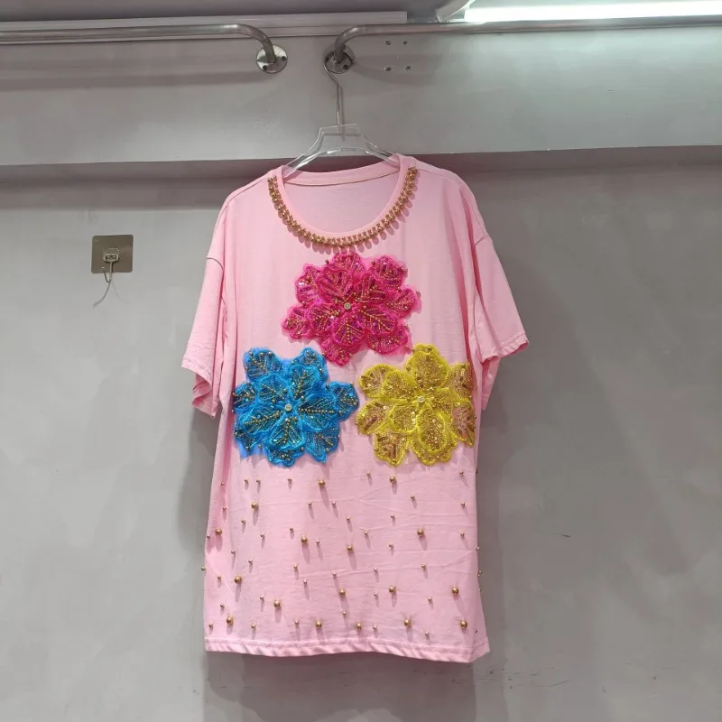 Корейский стиль темперамент универсальная футболка с круглым вырезом и бусинами