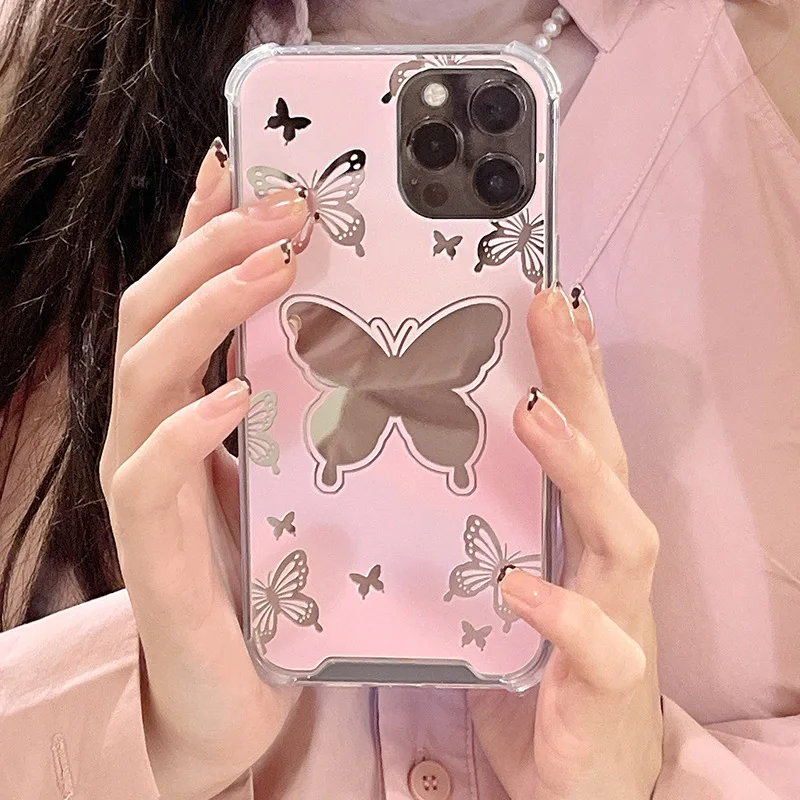 

Pink Butterfly Mirror Phone Case For iPhone 14 12 13 11 8 7 6 Plus Pro MAX XR X XS Mini Soft Silicone Shockproof Bumper Cover