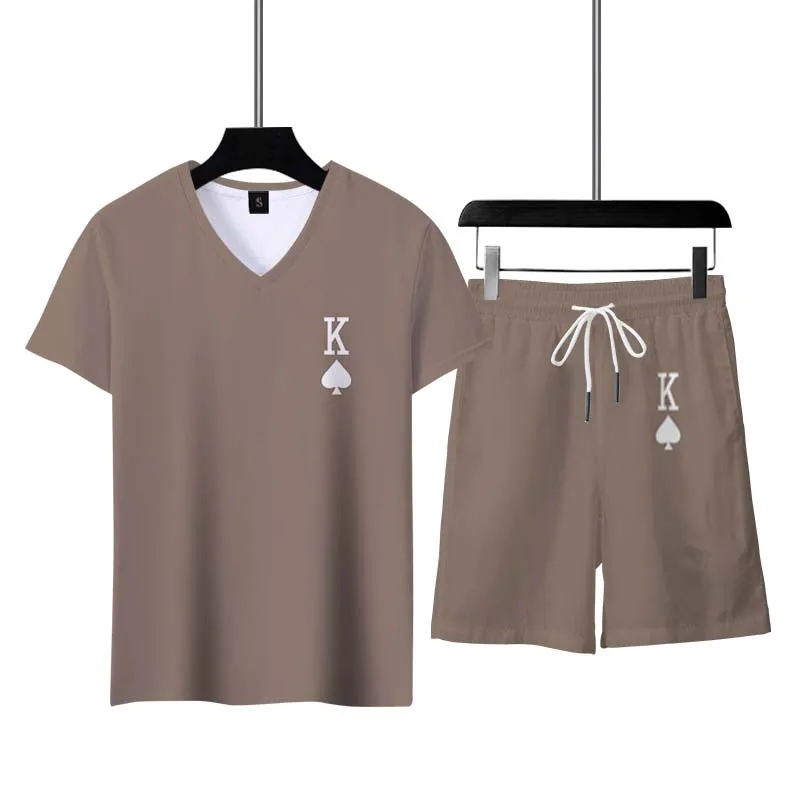 Summer Men's Tracksuit Casual Short Sleeve Solid Color Crown K A3D Print Outfit V- Neck Male T-shirt Sportswear Comfortable Top