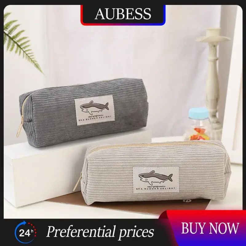 

About 35g Shark Pencil Case Large Capacity Corduroy Pen Case Large Opening Design Kawaii School Pencil Pouch Stationery Corduroy