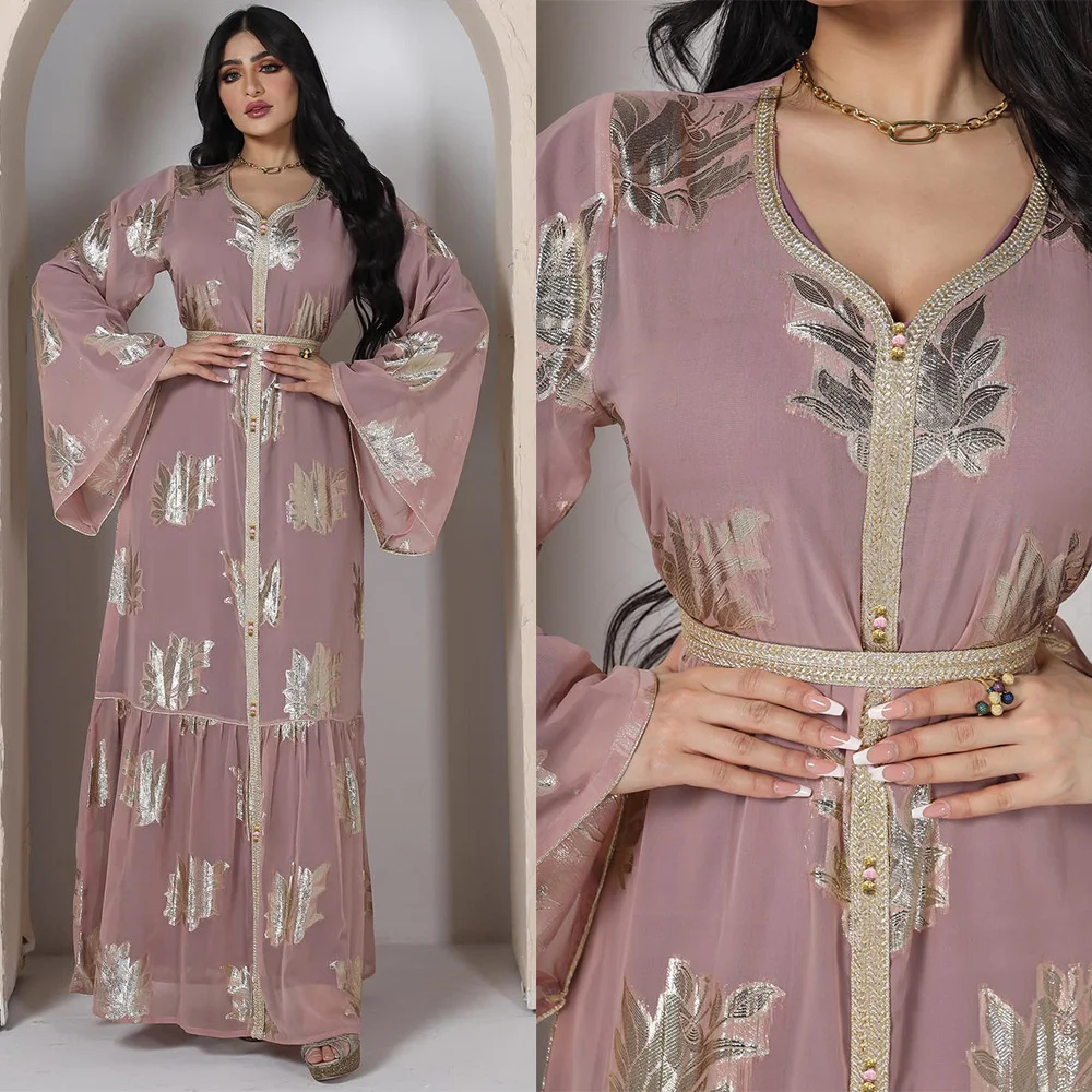 Kaftan Abaya Muslin Dress Autumn V-neck Gold Print Women Robe Turkey Islamic Dubai Long Dress Chiffon Loose Female Clothing