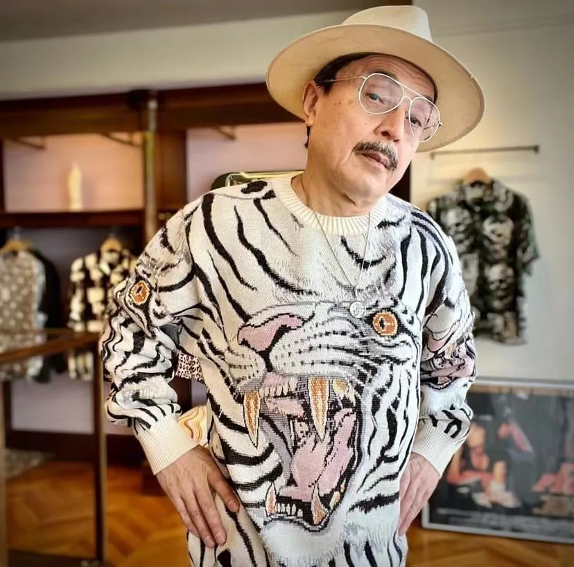 Men's Original Street Personality Jacquard Tiger Totem Round Neck Japanese Vintage Knitting Long-Sleeved Pullover Sweater