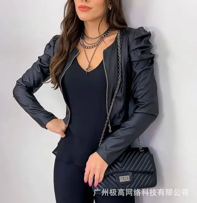 

2023 Autumn Fashion Women's New PU Leather Jacket, Ms. Casual Hundred Black High Waist Bubble Sleeve Round Neck Leather Jacket