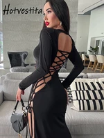 hotvestita sexy backless lace up hollow out long sleeve bodycon split party club elegant maxi dresses for women new year 2022
