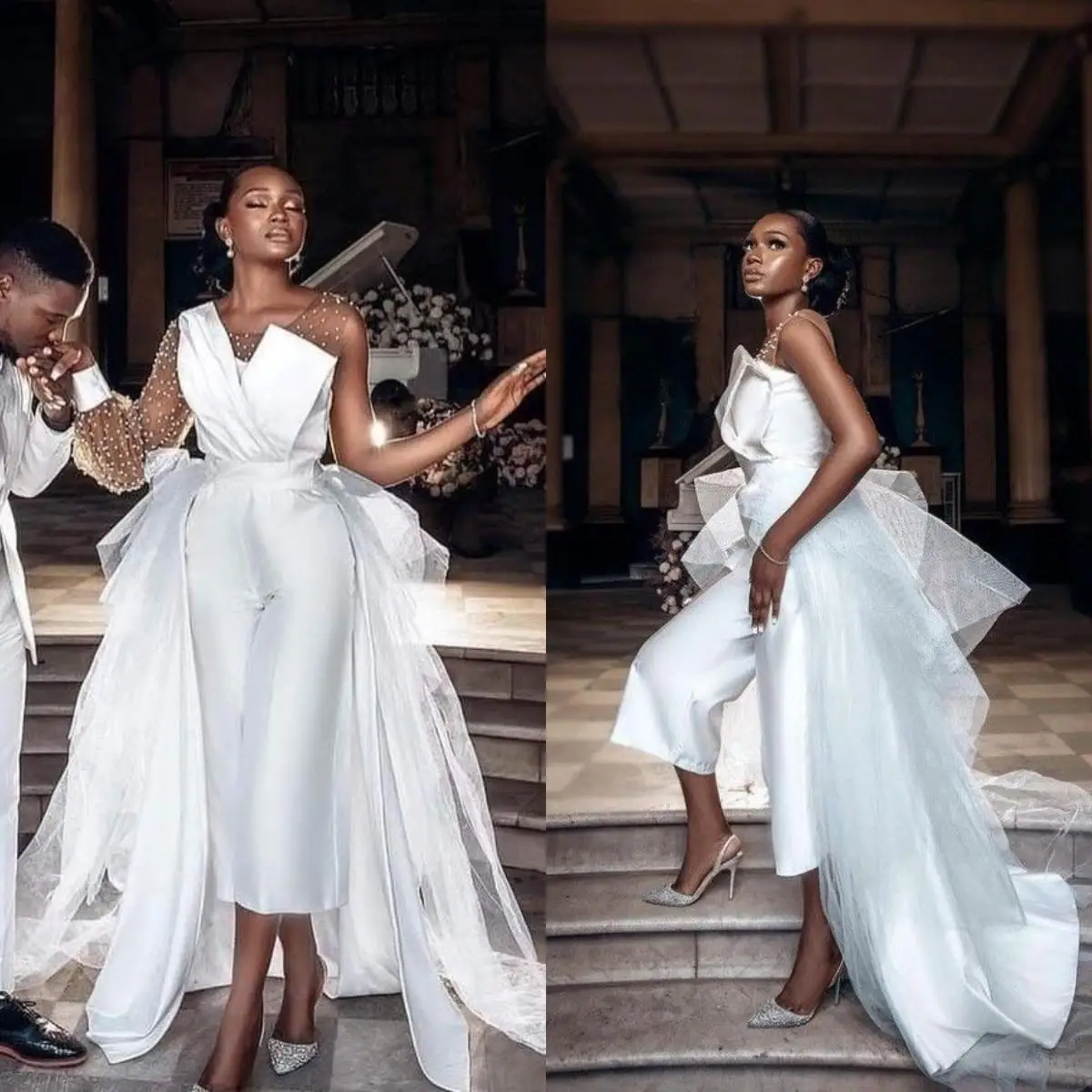 

Elegant beach Jumpsuit stain Wedding Dresses Bridal Gowns with Detachable Train Long Sleeve Beaidng vestido de novia pant suit