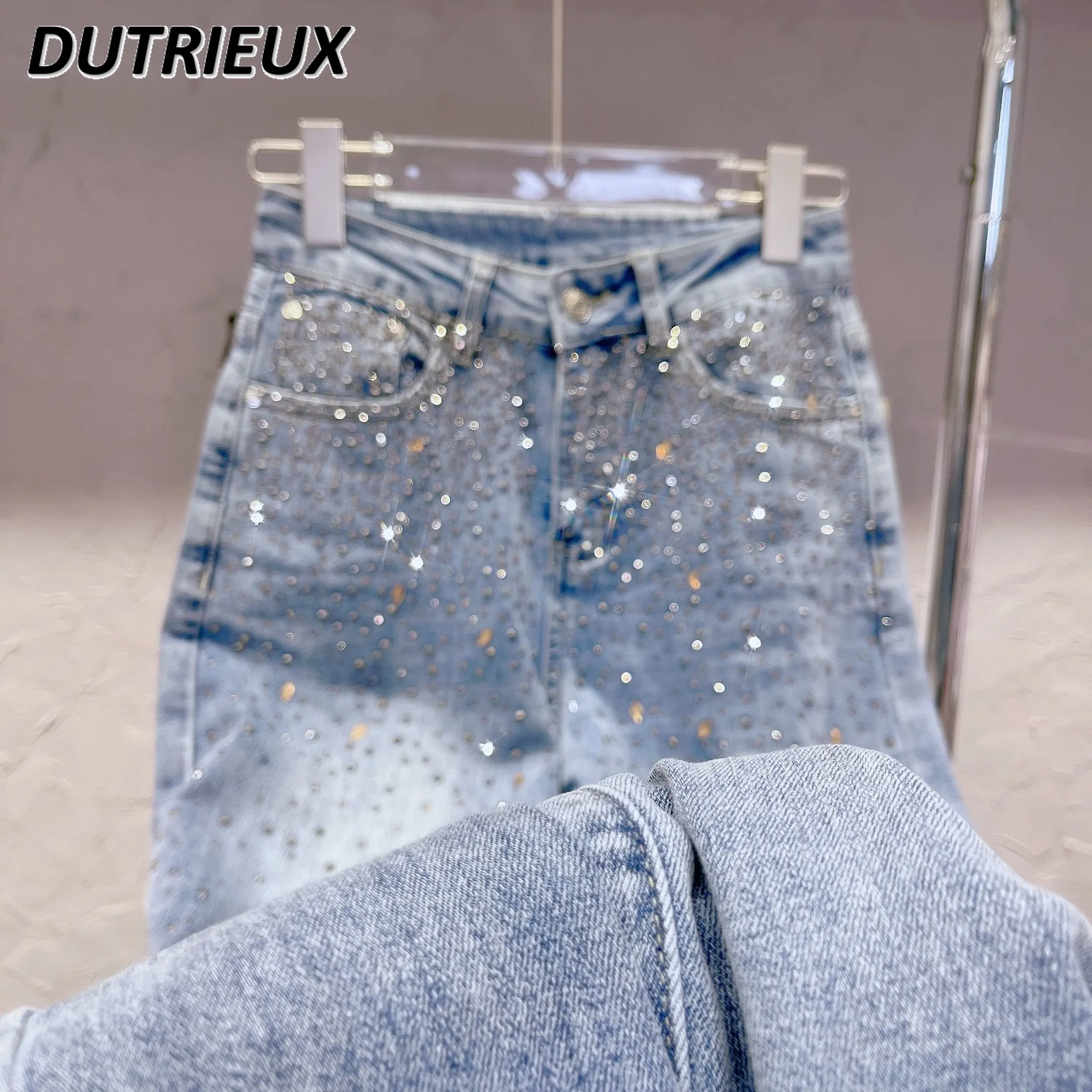 

Heavy Embroidery Hot Drilling Straight Jeans Women's Spring/Summer 2023 New High Waist Slimming Sense Casual Wide Leg Pants