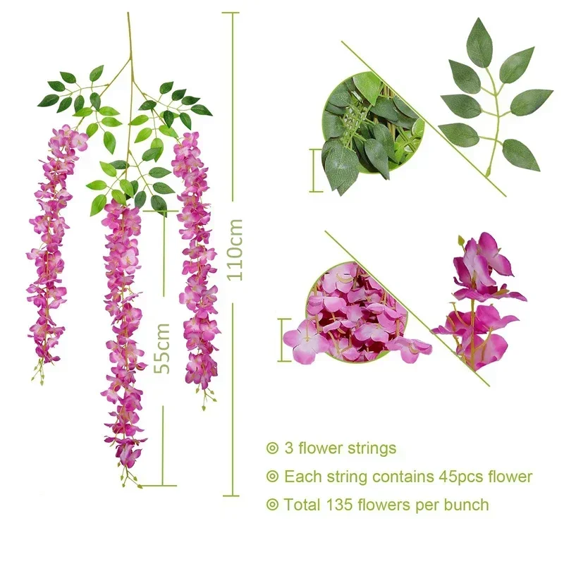 

Искусственные цветы глицинии, шелк, 110 см