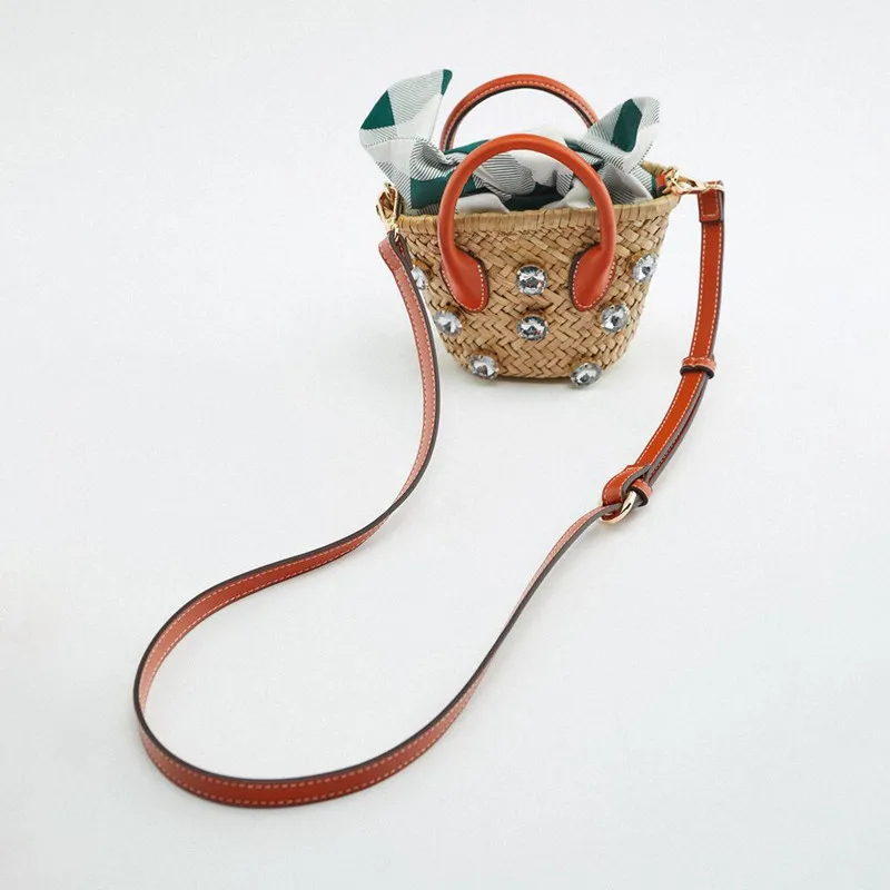 New summer water grass and diamond shoulder bag orange mini woven basket straw hand-held messenger women's |