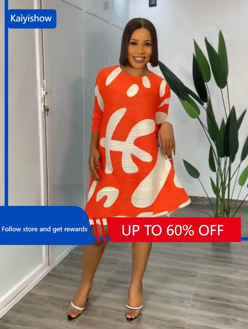 

Pleated African Dresses for Women 2023 Summer Elegant African Women Half Sleeve Polyester Printing Dress Dashiki Africa Clothes