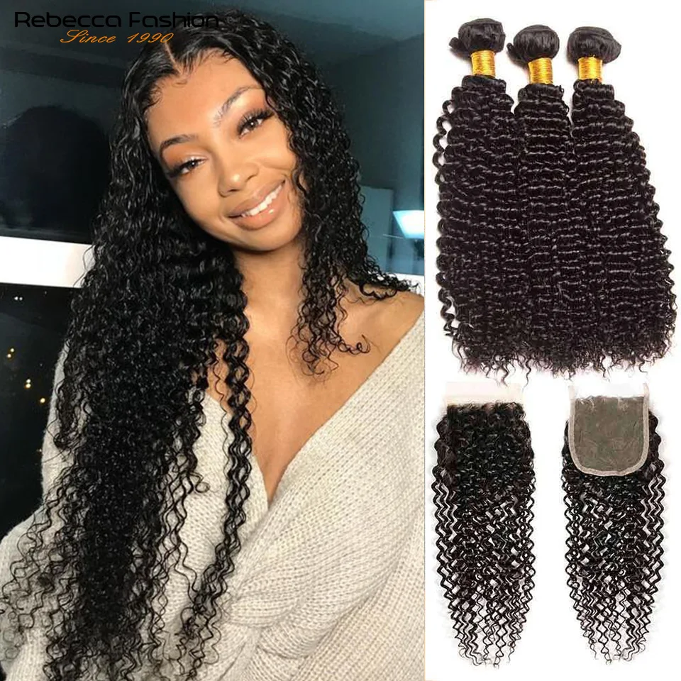 Rebecca Kinky Curly Bundles With Closure Human Hair Bundles With Closure Remy Hair Extensions 3/4 Bundles Curly Hair