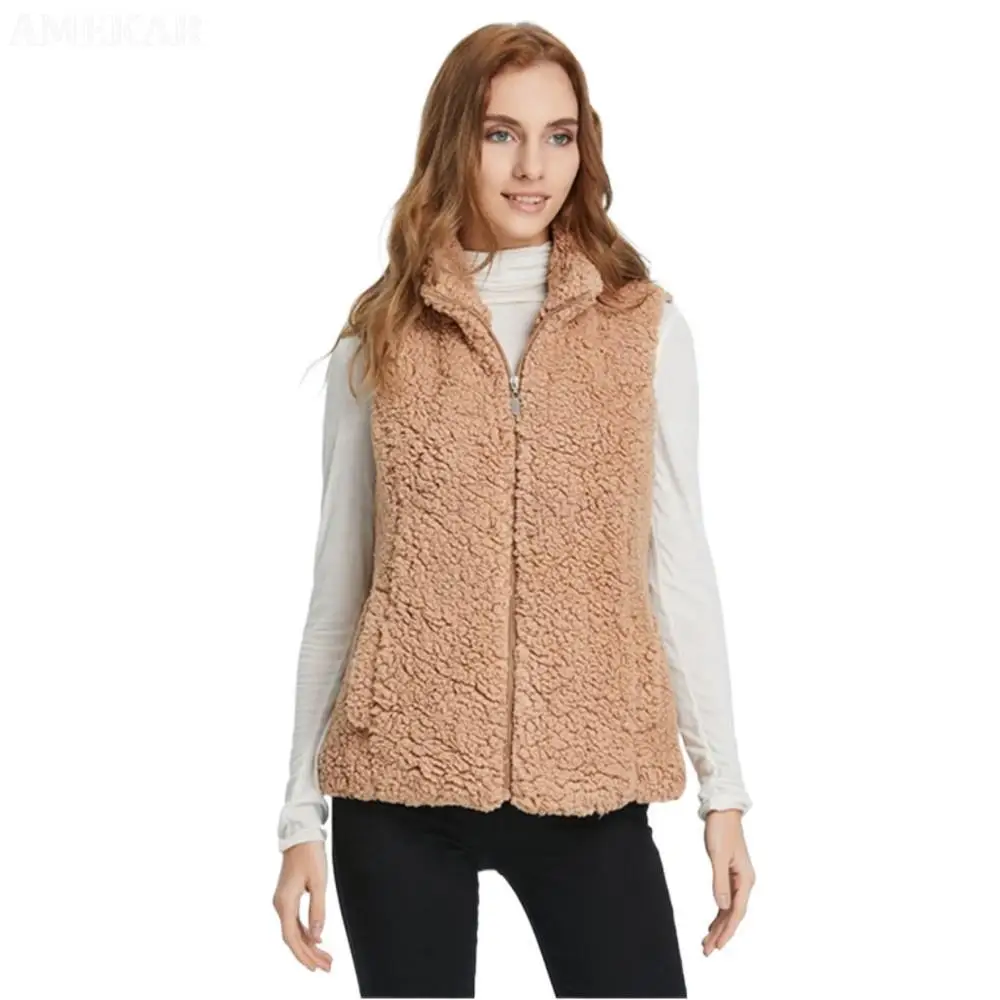 Fleece Fur Sleeveless  Women Jacket  Winter Fur Gilet women's Real Fur Pure Color Vest Zipper Coats Fur For Women Coat