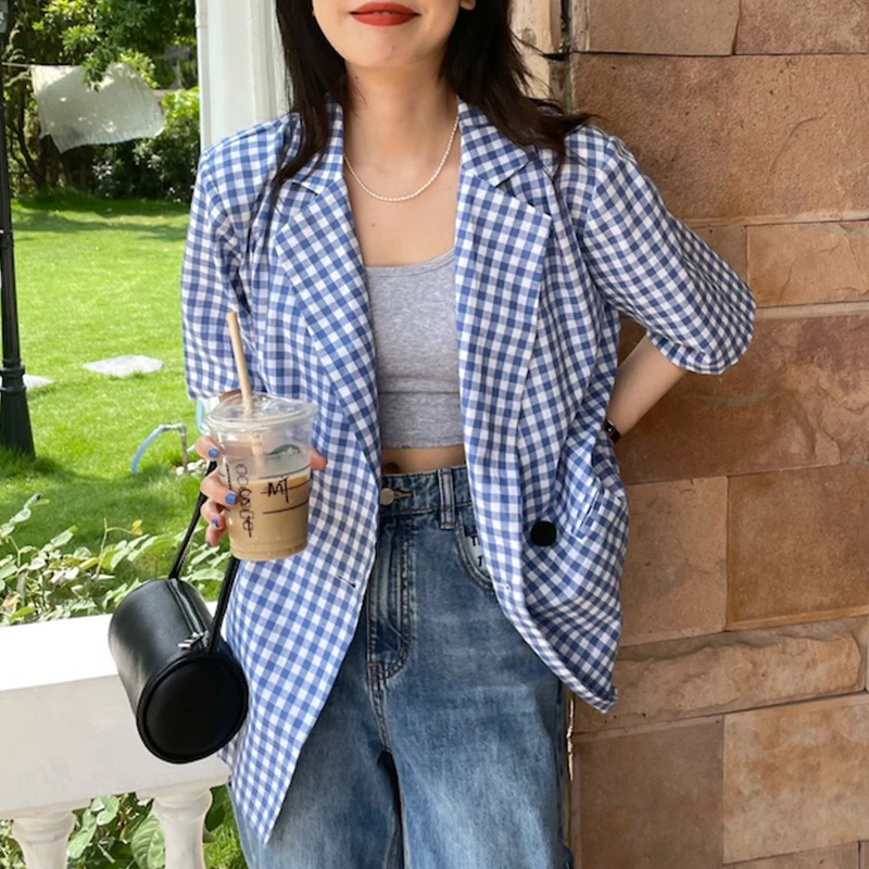 Clothland Women Summer Plaid Blazer Short Sleeve Double Breasted Jacket Retro Office Wear Coat Mujer CA532