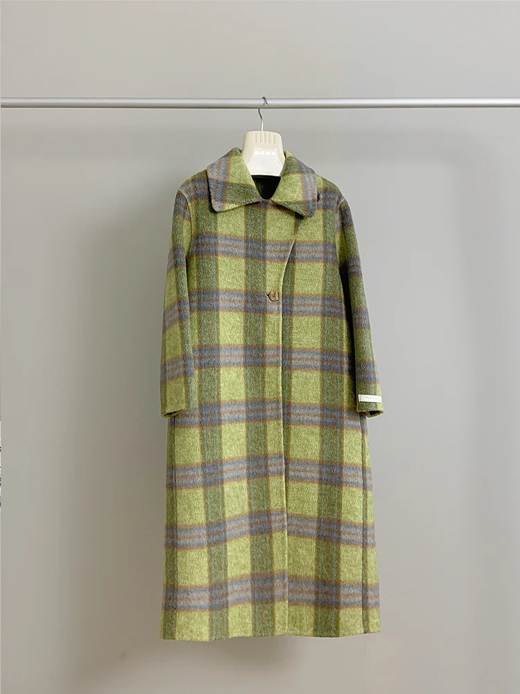 

Emerald green plaid double-sided wool coat, women's medium length denim loose fitting coat, cashmere, high-end sensation, red